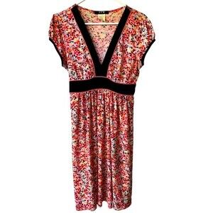 JFW Multicolored Geometric Tie V-Neck Cap Sleeve Knee-Length Dress Red Orange L